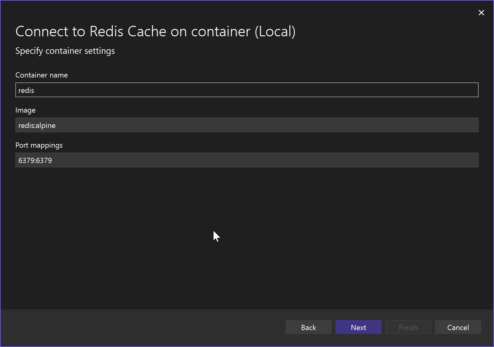 ローカル コンテナー内の Azure Cache for Redis の接続オプションを示すスクリーンショット。