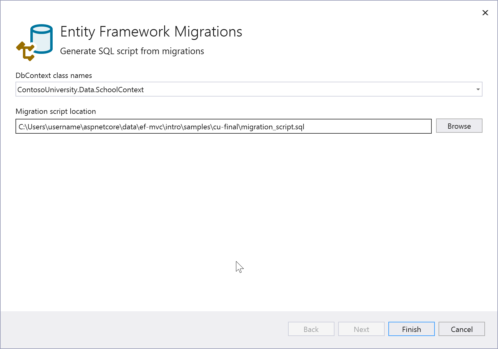 SQL スクリプト生成オプションを示すスクリーンショット。