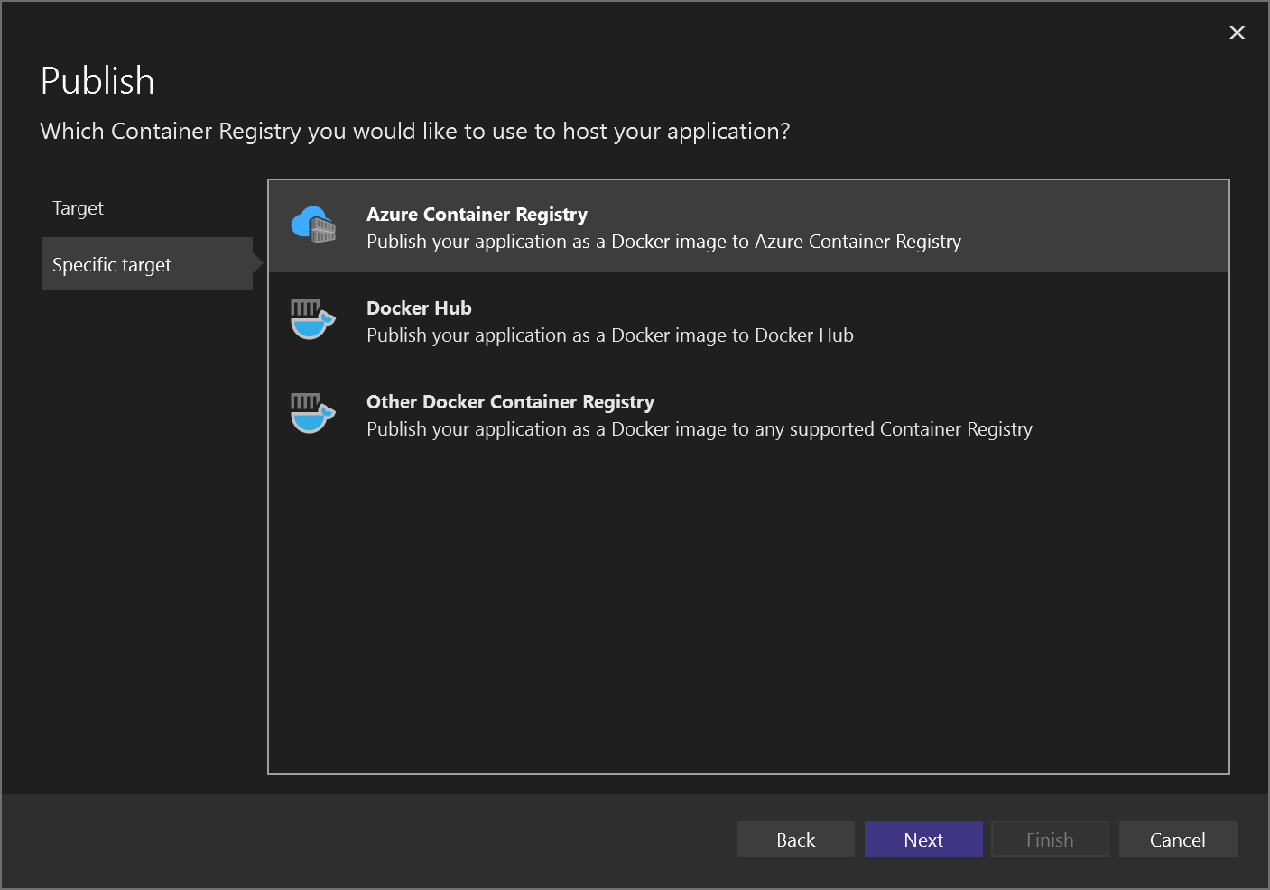 Azure Container Registry の選択を示すスクリーンショット。