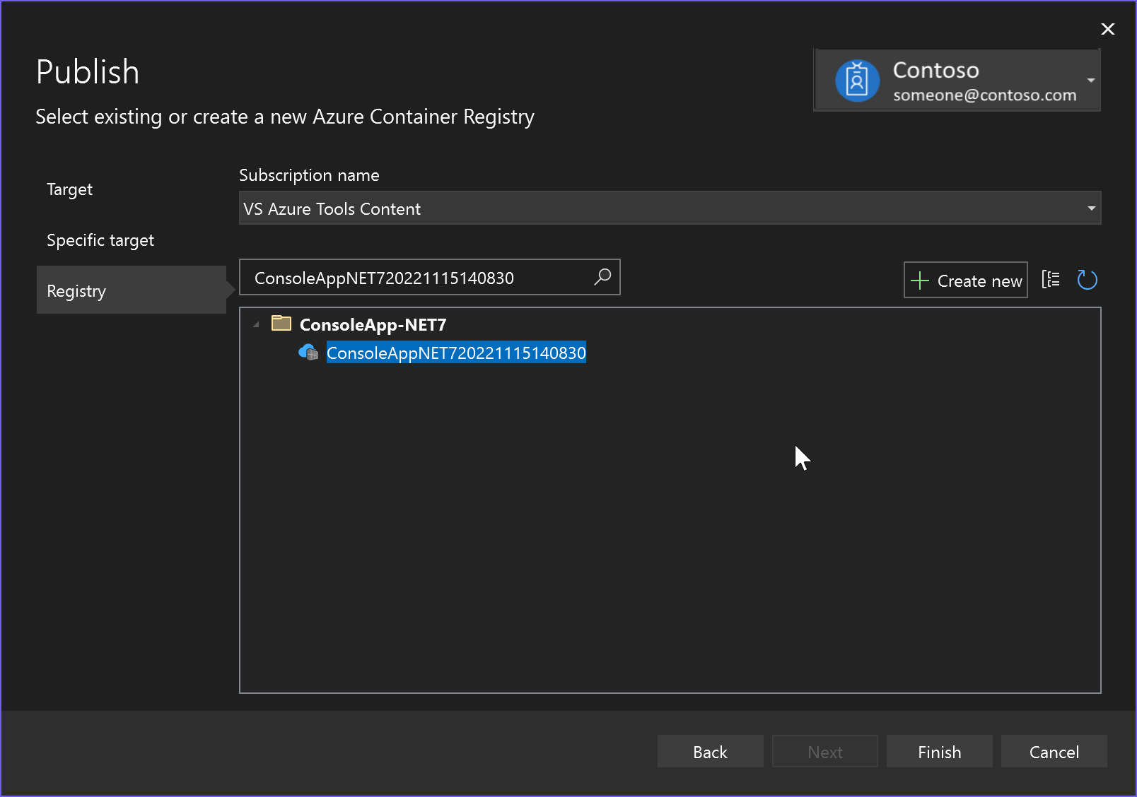 [発行] 画面のスクリーンショット。[Azure Container Registry] を選択しています。