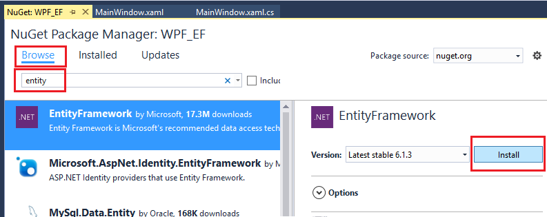 Entity Framework NuGet Package NuGet パッケージのスクリーンショット。