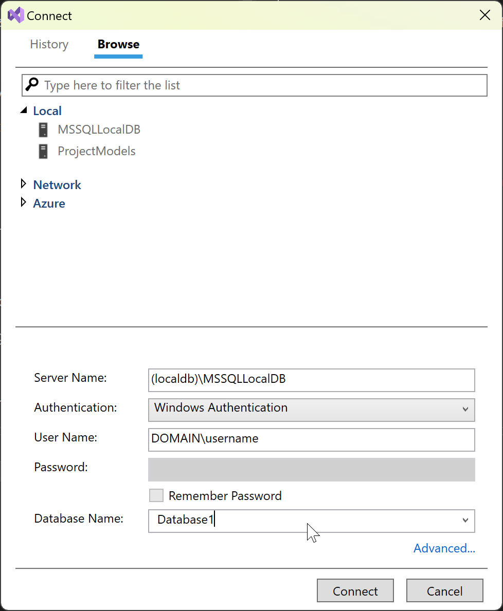 SQL Server オブジェクト エクスプローラーの [接続] ダイアログのスクリーンショット。