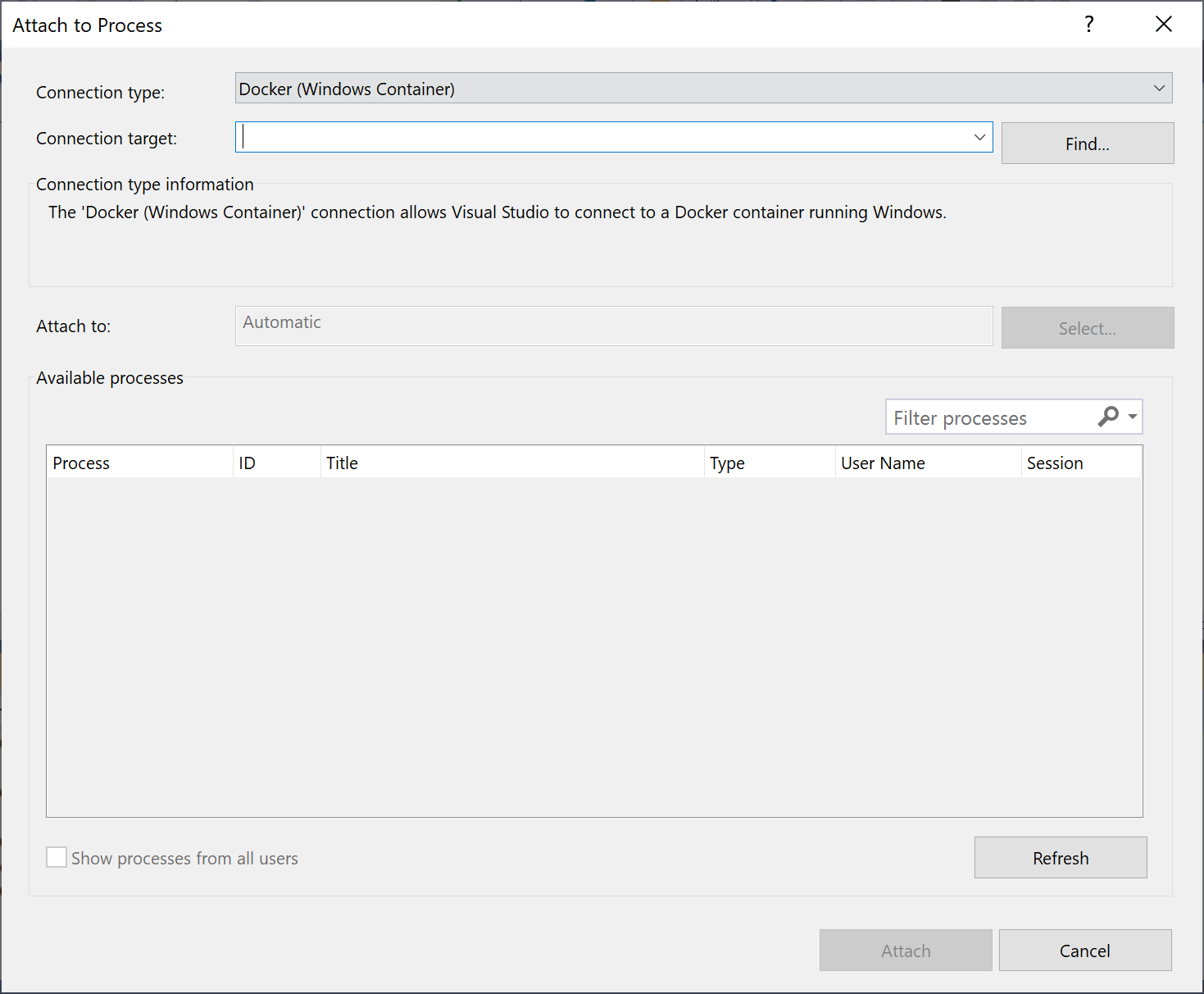 接続の種類が Docker (Windows コンテナー) であることを示す Visual Studio の [プロセスにアタッチ] ダイアログのスクリーンショット。