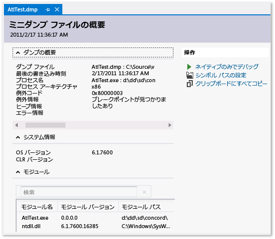 Minidump の概要ページを示すスクリーンショット。