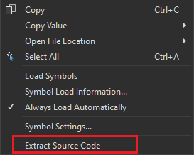 ソースの抽出コマンドが含まれる、[モジュール] ウィンドウでのアセンブリのコンテキスト メニューのスクリーンショット。