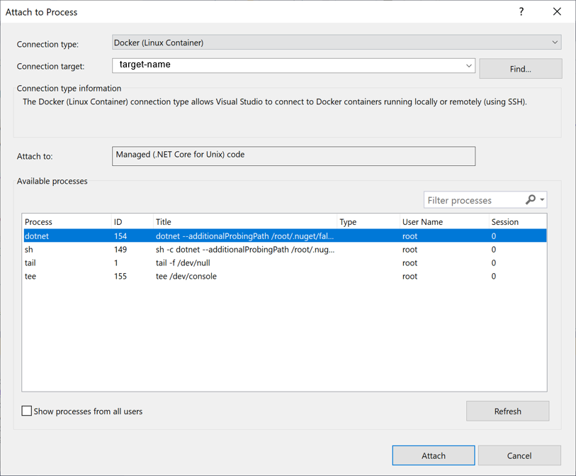 Visual Studio の [プロセスにアタッチ] ダイアログのスクリーンショット。接続の種類が Docker (Linux コンテナー) に設定され、dotnet プロセスが選択されます。