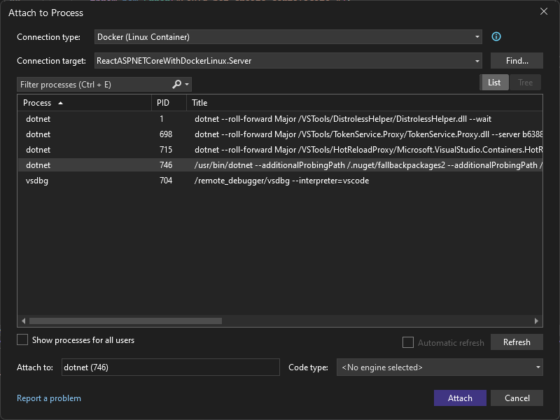 Visual Studio の [プロセスにアタッチ] ダイアログのスクリーンショット。接続の種類が Docker (Linux コンテナー) に設定され、dotnet プロセスが選択されます。