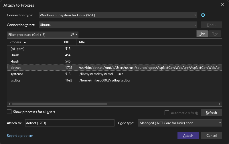 [プロセスへのアタッチ] ダイアログ ボックスの WSL プロセスのスクリーンショット。