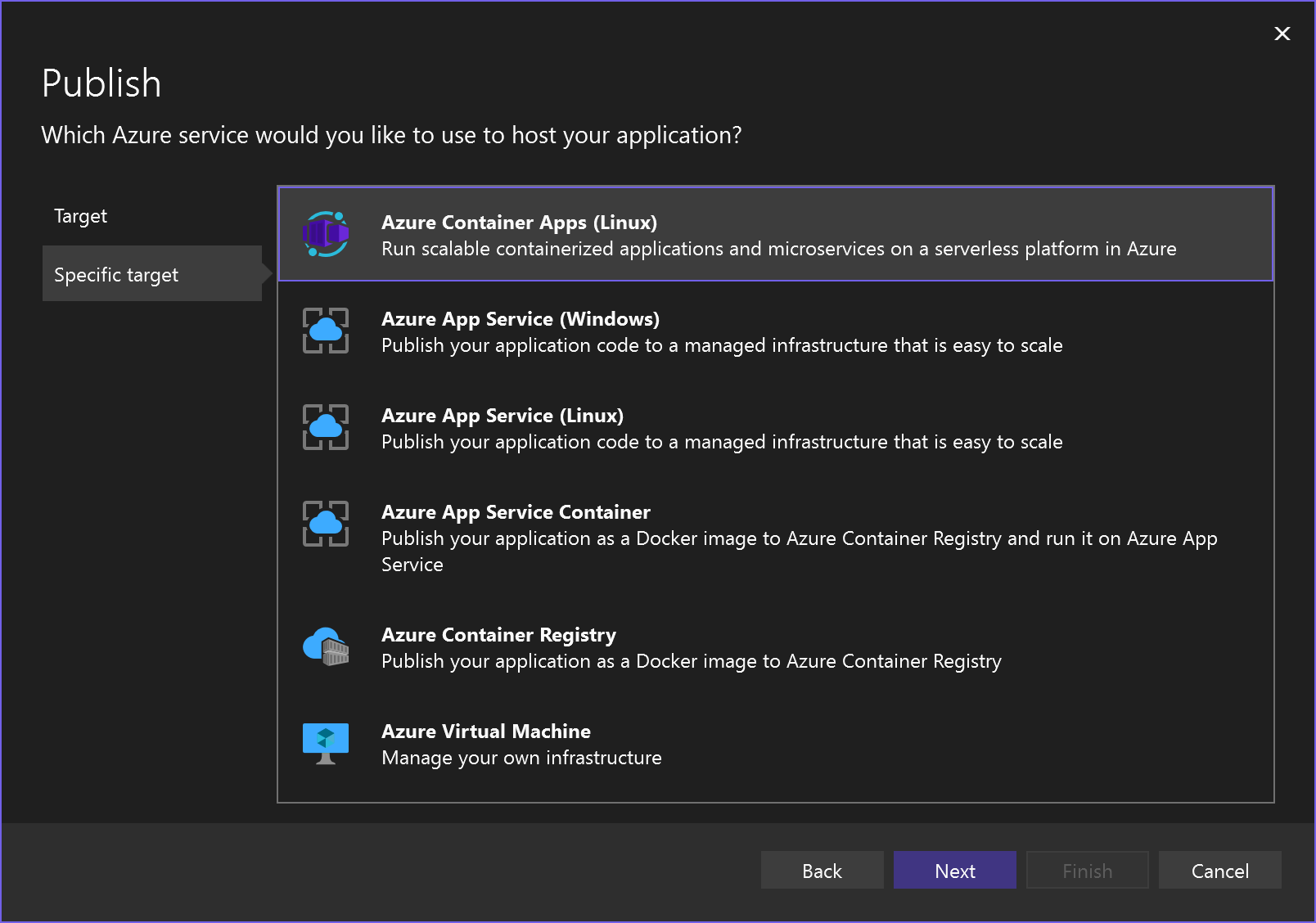 Azure サービスの選択のスクリーンショット。