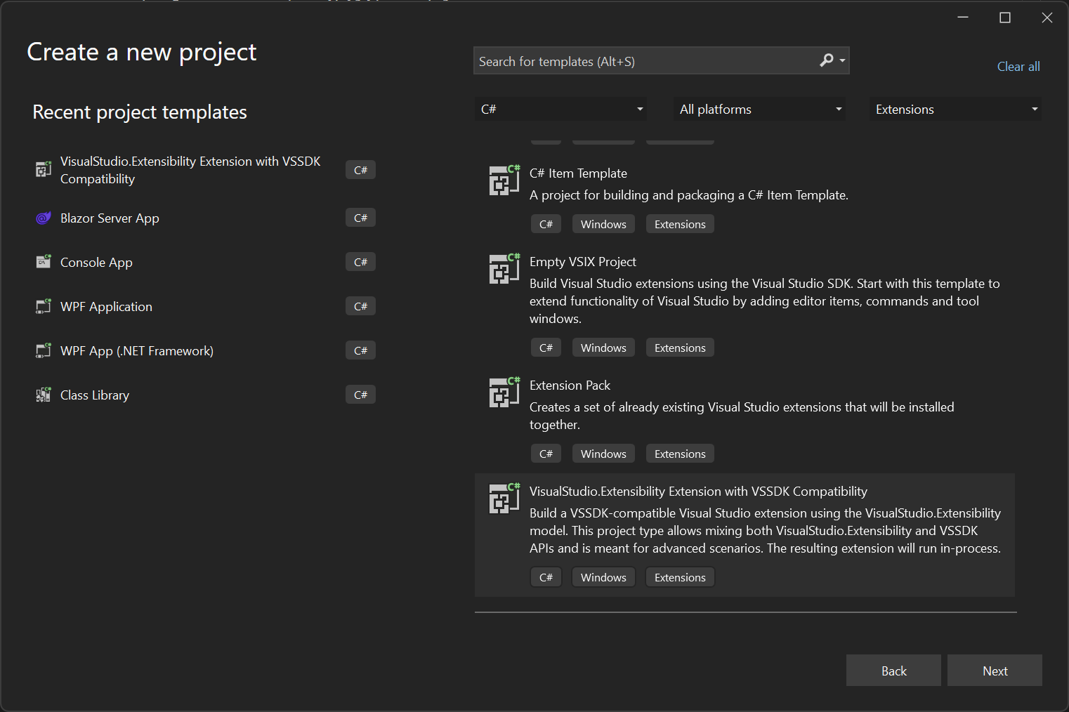 VisualStudio.Extensibility in-process extension プロジェクト テンプレートのスクリーンショット。