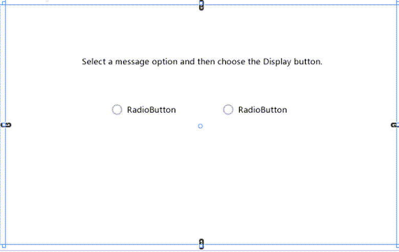 デザイン 画面に TextBlock コントロールと 2 つの RadioButton コントロールが表示されている、MainWindow.xaml の [デザイン] ウィンドウのスクリーンショット。