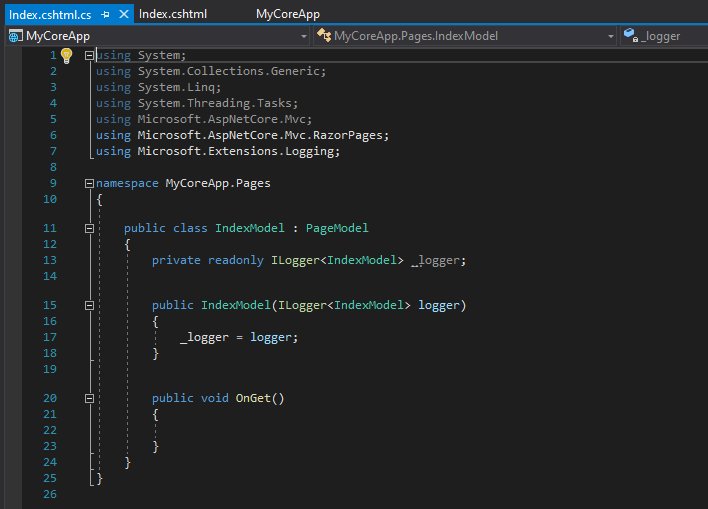 スクリーンショットは、Visual Studio コードエディターで開かれている Index.cshtml.cs ファイルを示しています。