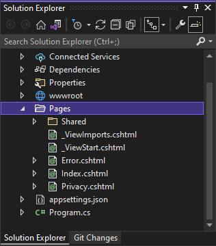 スクリーンショットには、ソリューション エクスプローラーの [ページ] フォルダーの内容が表示されます。