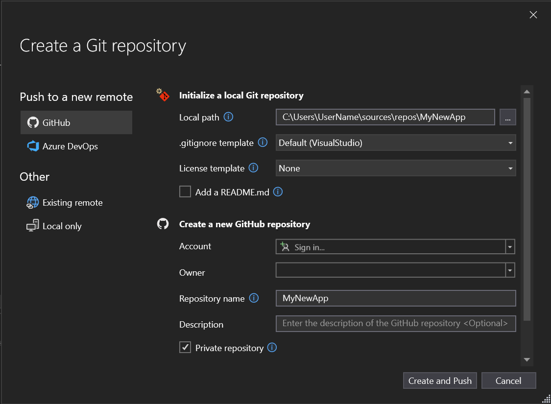 Visual Studio の [Git リポジトリの作成] ダイアログのスクリーンショット。GitHub の選択が強調表示されています。