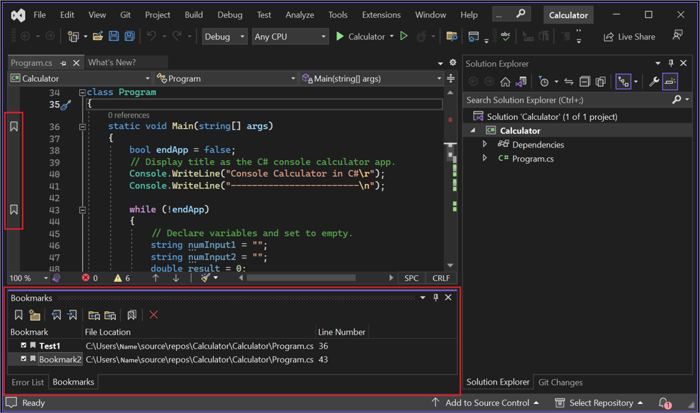 ブックマークが追加された、Visual Studio の [ブックマーク] ウィンドウのスクリーンショット。