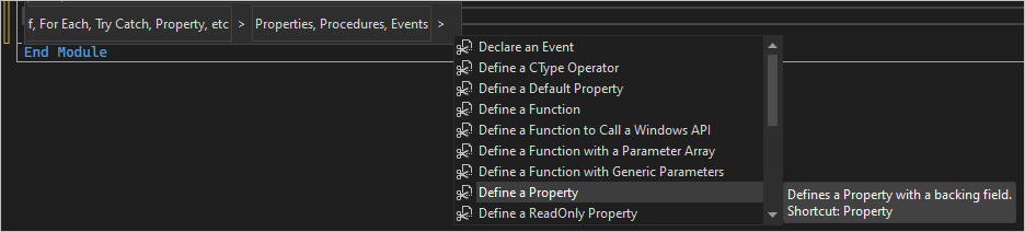 [プロパティの定義] のコード スニペット メニューのスクリーンショット。