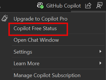 Copilot Free Status メニュー オプションのスクリーンショット。