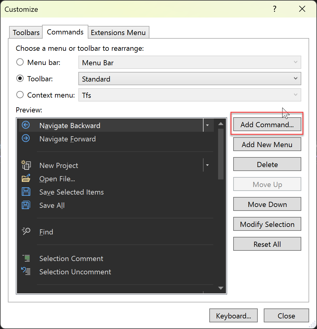 Screenshot of the Customize dialog box, showing the Add Command button.