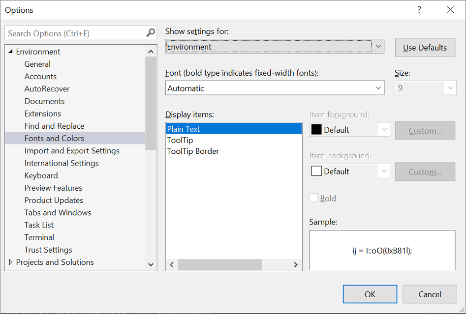 IDE 内のフォントとテキスト サイズを変更する [オプション] ダイアログ ボックスのスクリーンショット