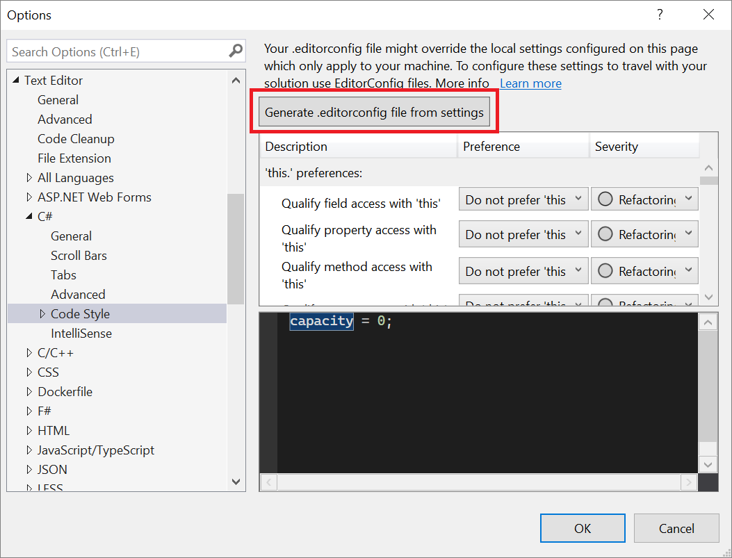 Visual Studio の設定から .editorconfig ファイルを生成する方法を示すスクリーンショット。