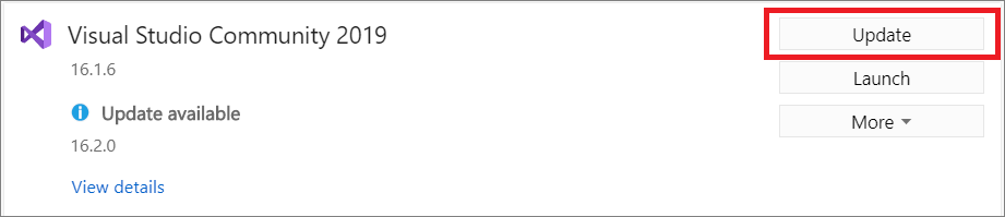 Visual Studio 2019 インストールへの更新に使用できる Visual Studio インストーラーの [更新] ボタンを示すスクリーンショット。