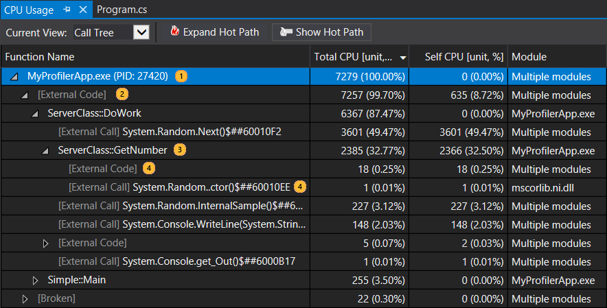 Diagnostics Tools Call Tree