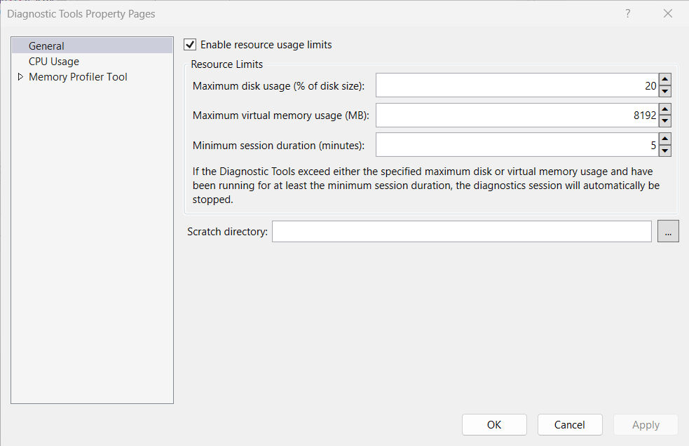 Profiler のスクラッチ ディレクトリのスクリーンショット。