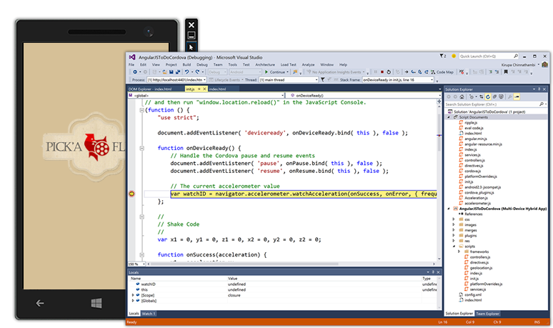 Visual Studio Tools for Apache Cordova を使用してデバッグ