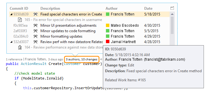 C# ファイルの作成者と変更インジケーター