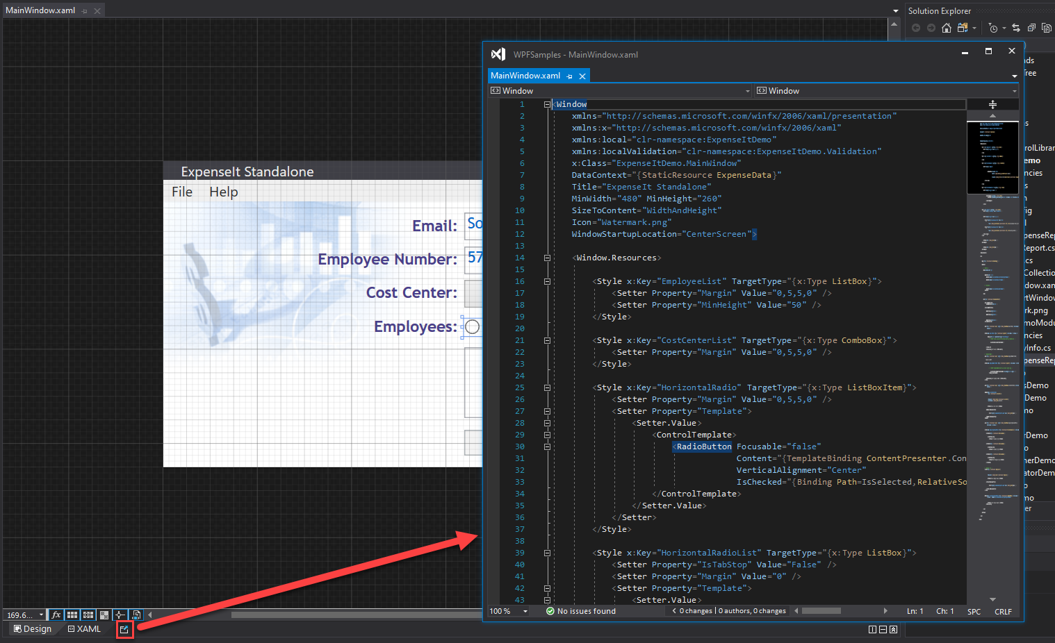 ポップアップ XAML コード ウィンドウ