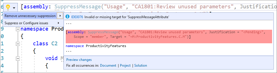 不要な SuppressMessageAttributes を削除する