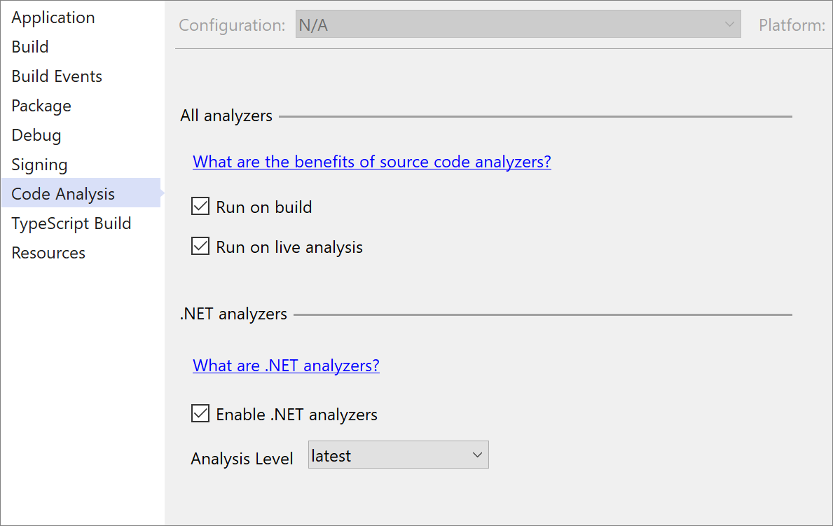 .NET アナライザーを有効にするための [プロジェクトのプロパティ] ウィンドウ