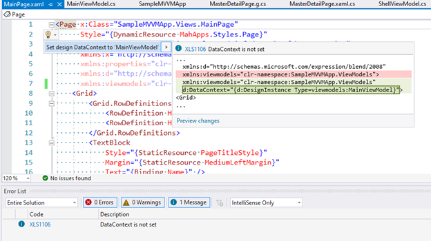 MVVM d:DataContext 用の XAML IntelliSense