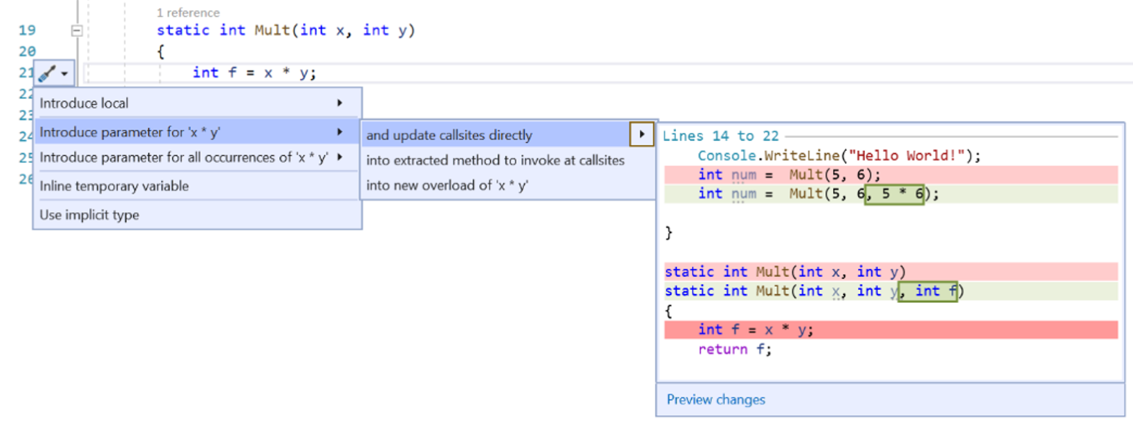 [クイック アクション] メニューの [Introduce parameter]\(パラメーターを導入する\)