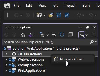 ソリューション エクスプローラーから新しい GitHub Actions ワークフローを作成する
