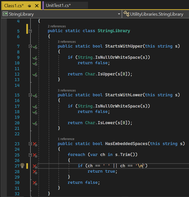 Visual Studio のコード カバレッジとタイマー アイコンを示すスクリーンショット。