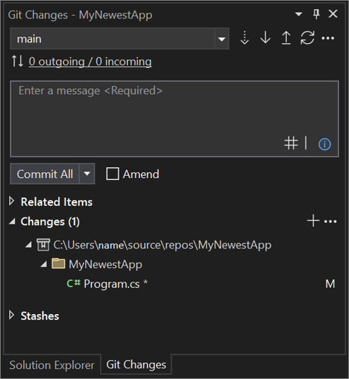 Visual Studio 2022 の [Git 変更] ウィンドウ。