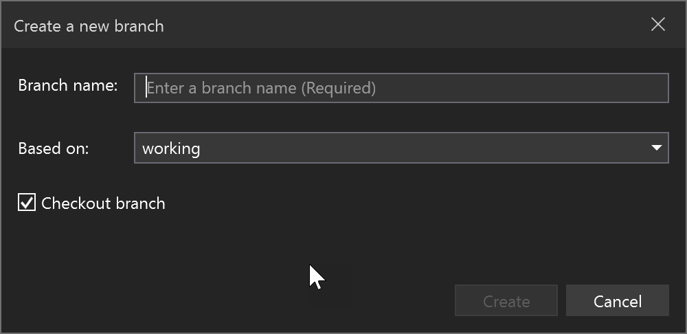 [新しいブランチを作成] ダイアログ ボックスのスクリーンショット。