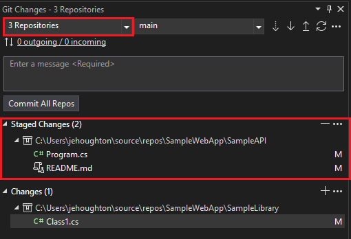 作業の変更を追跡する [Git 変更] ウィンドウのスクリーンショット。