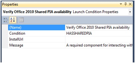 Office 共有 PIA の検証という起動条件の [プロパティ] ウィンドウのスクリーンショット