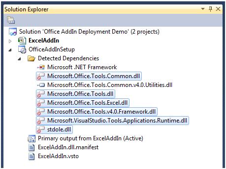 除外する依存関係を示すソリューション エクスプローラーのスクリーンショット