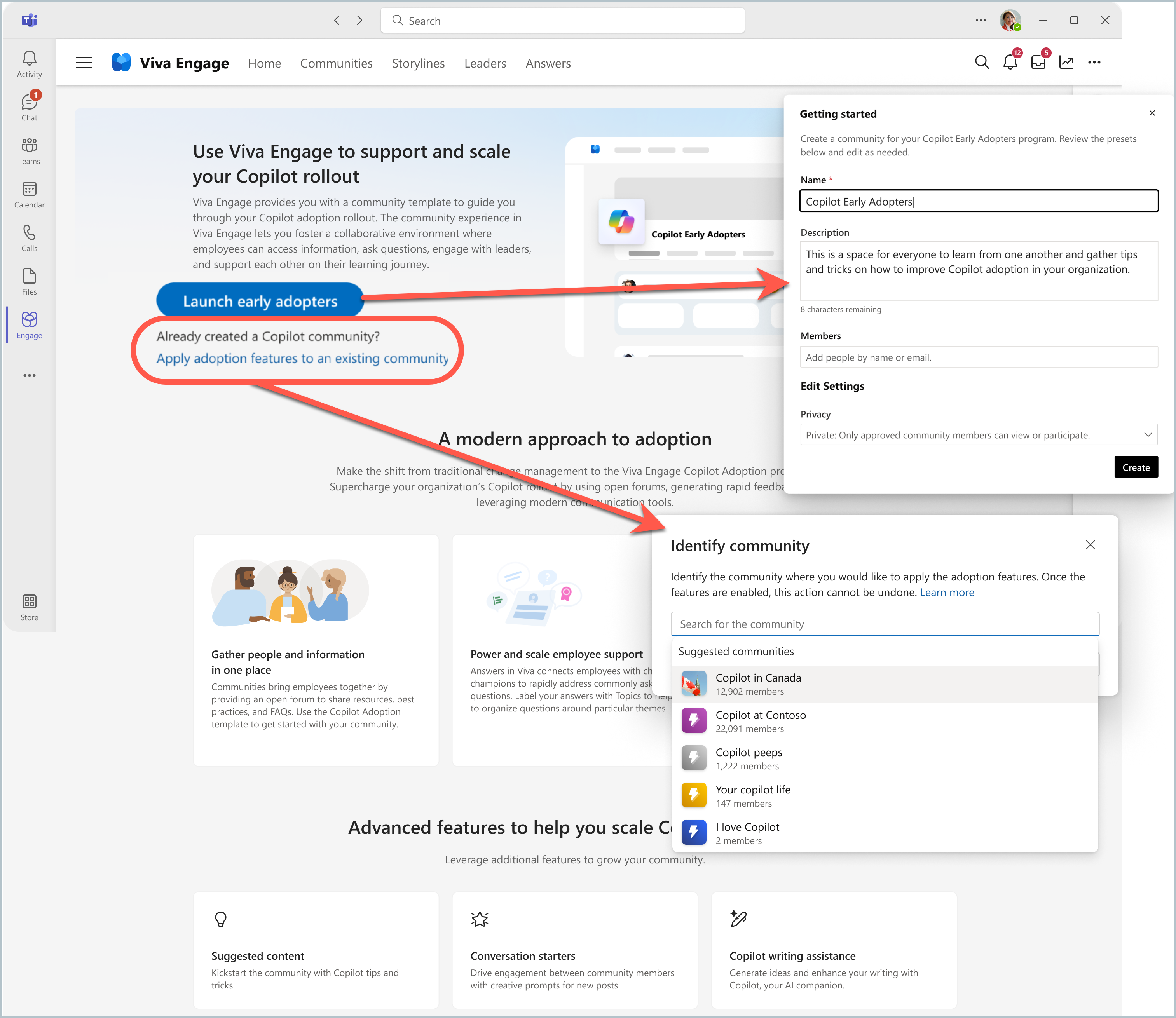 スクリーンショットは、Microsoft 365 Copilot導入コミュニティを作成したり、Copilot 導入機能を既存のコミュニティに持ち込んだりできるランディング ページを示しています。