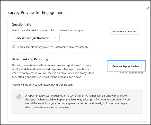 **レポート プレビューの生成** を選択する *Survey Preview for Engagement* ダイアログ ボックスのスクリーンショット。