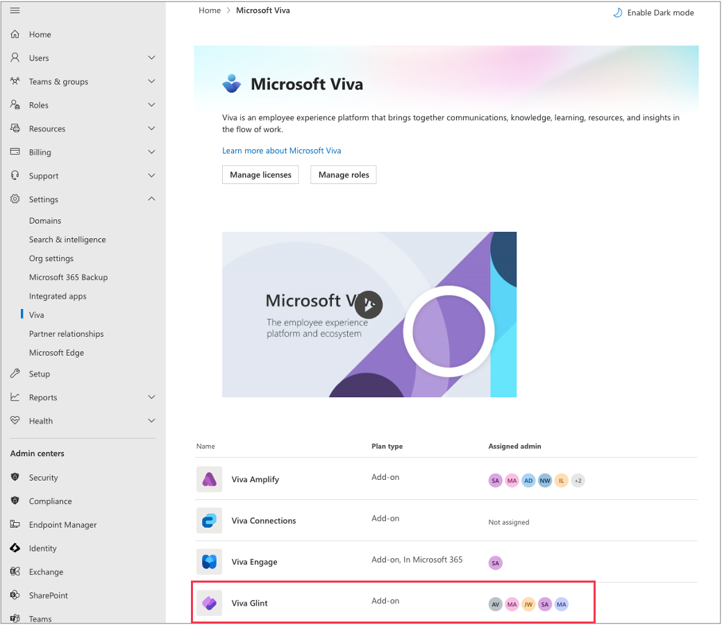 Microsoft 管理 センターのViva Glintのスクリーンショット。