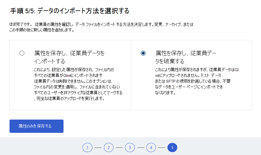 属性とデータ インポート オプションを確認する手順 5 のスクリーンショット。