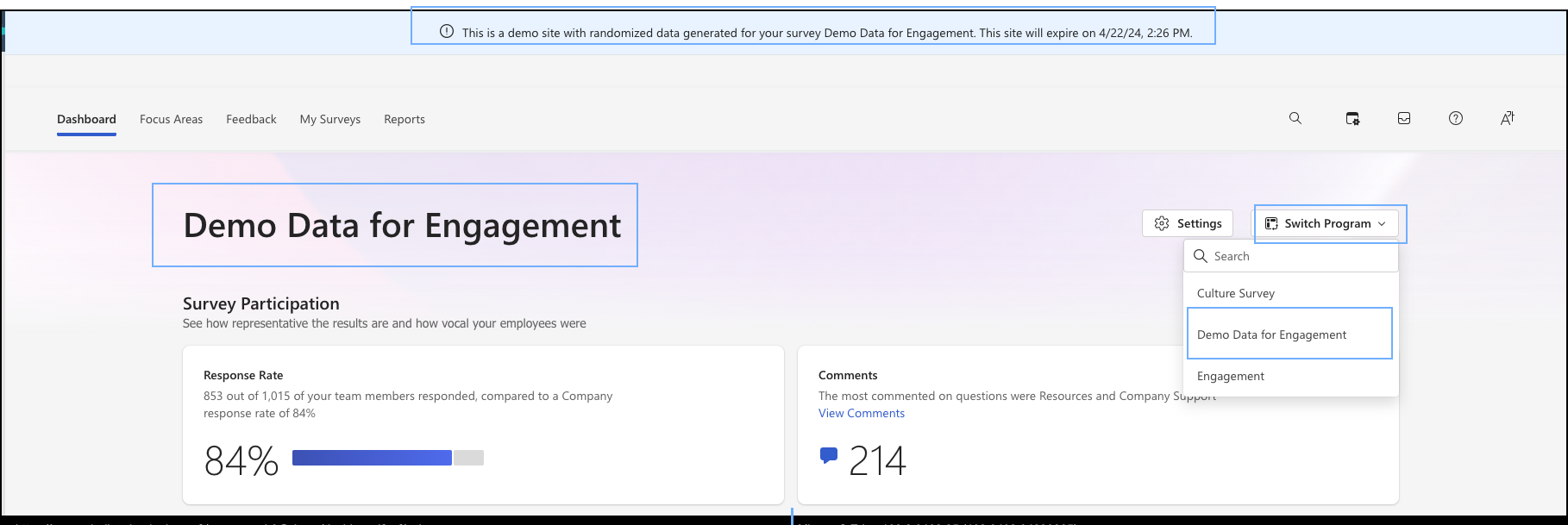 管理者ダッシュボードに Demo Data for Engagement プログラムがどのように表示されるかを示すスクリーンショット。