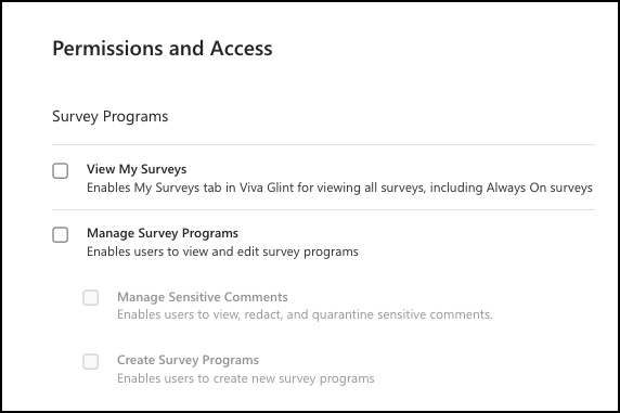 [アクセス許可とアクセス] の [Survey Programs Access] セクションのスクリーンショット。