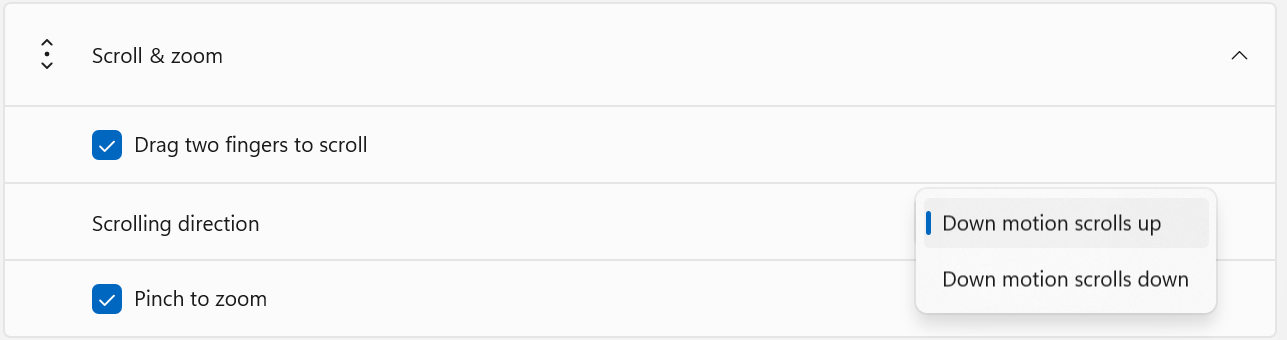 An image showing the Scroll & zoom section of the settings page