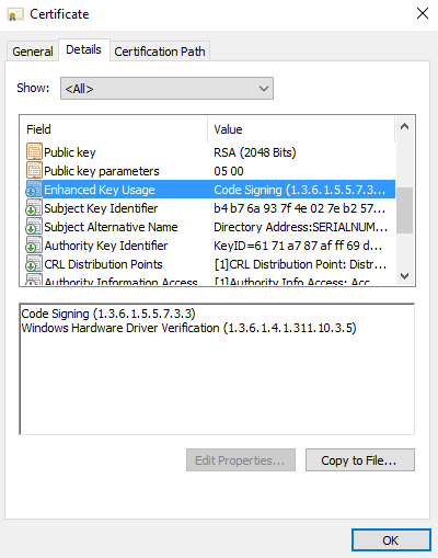 構成証明で署名されていないドライバーの EKU の詳細ウィンドウのスクリーンショット。OID の末尾が 5 です。