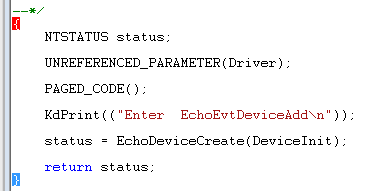 AddDevice ルーチンの先頭で中かっこ文字が強調表示されているコード ウィンドウのスクリーンショット。